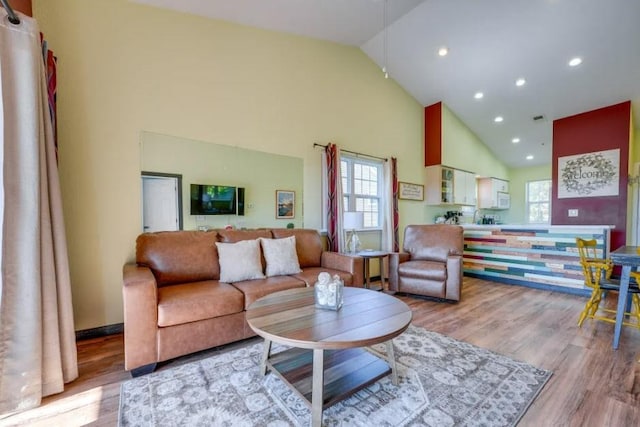 living room with hardwood / wood-style floors and high vaulted ceiling