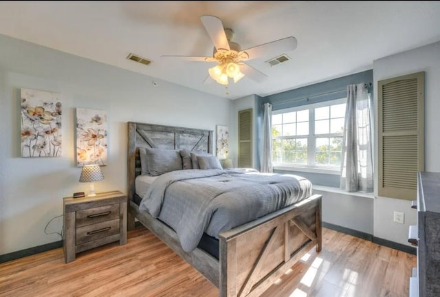 bedroom with ceiling fan and light hardwood / wood-style flooring