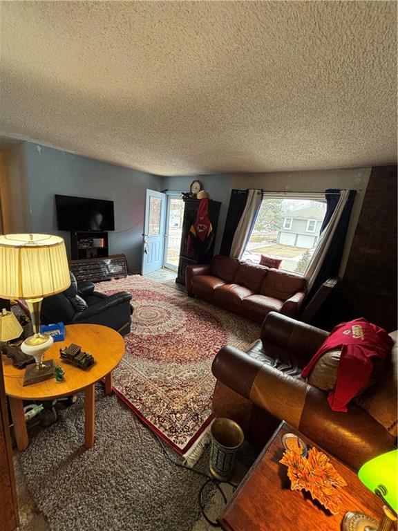 living room featuring a textured ceiling, carpet flooring, and a wealth of natural light