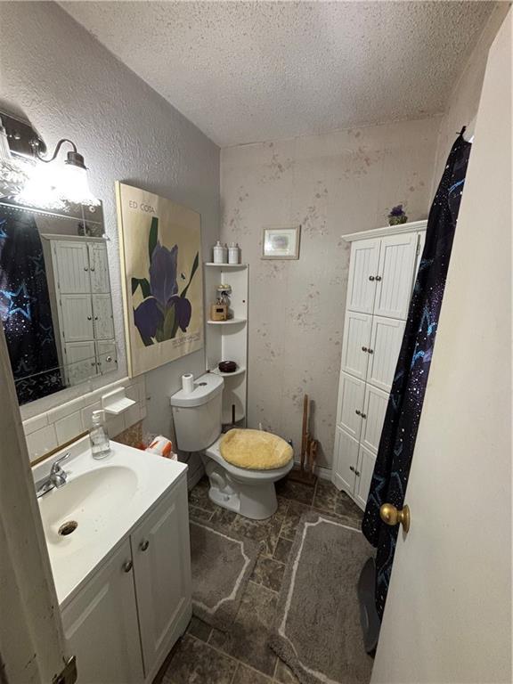 bathroom with stone finish flooring, toilet, a textured ceiling, and vanity