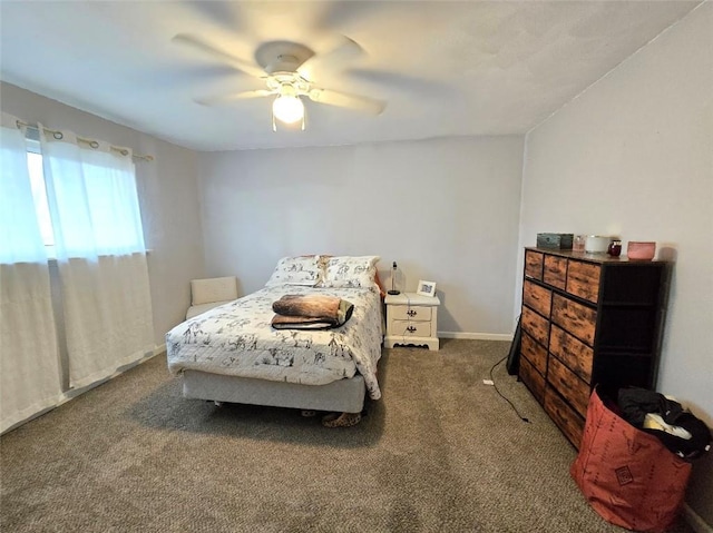 bedroom with carpet floors, a ceiling fan, and baseboards