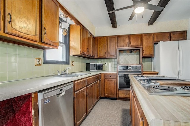 kitchen with sink, ceiling fan, backsplash, stainless steel appliances, and beamed ceiling