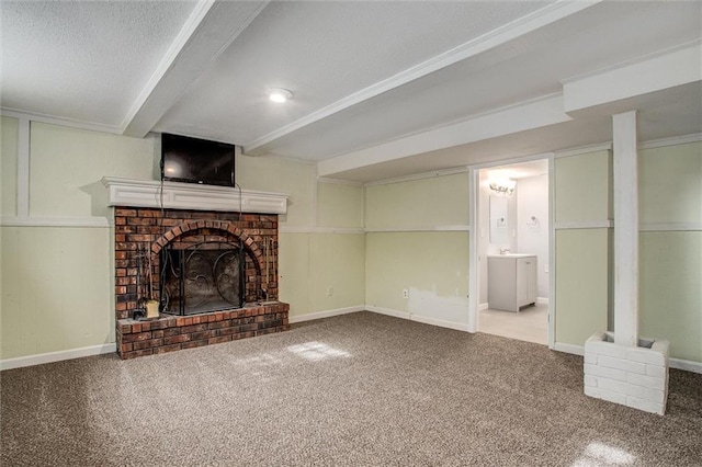 interior space with a fireplace and carpet