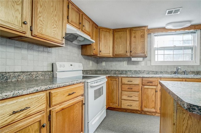 kitchen featuring white electric range oven, sink, and backsplash