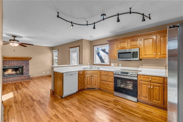 kitchen with sink, light hardwood / wood-style flooring, stainless steel appliances, and a fireplace