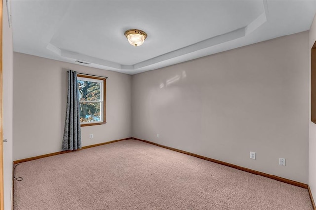 empty room featuring a raised ceiling and carpet