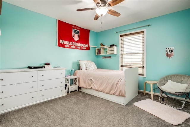 carpeted bedroom with ceiling fan