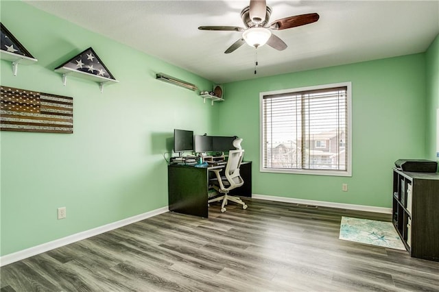 office area featuring ceiling fan, baseboards, and wood finished floors