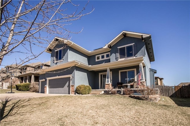 view of front facade featuring stucco siding, driveway, fence, covered porch, and a garage