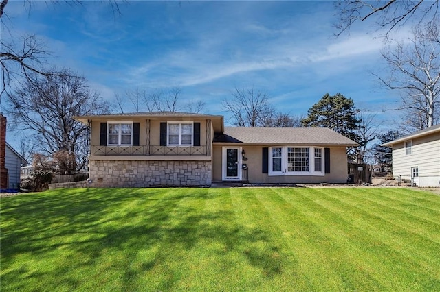 7924 Roe Ave, Prairie Village, KS 66208 - split level home with stucco siding, a front lawn, and stone siding