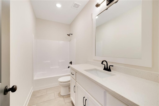 full bathroom featuring  shower combination, toilet, tile patterned flooring, and vanity