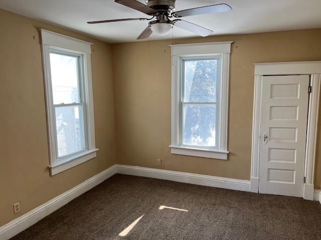 spare room featuring ceiling fan, carpet flooring, and a wealth of natural light