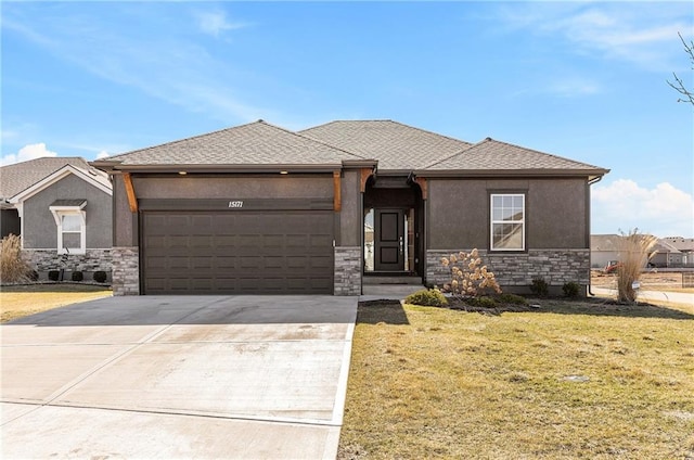 view of front of home with an attached garage, stone siding, driveway, stucco siding, and a front yard