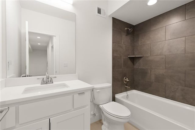 full bathroom featuring toilet, shower / bathtub combination, visible vents, and vanity