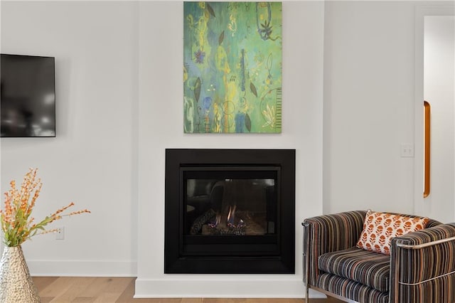 details with a glass covered fireplace, baseboards, and wood finished floors