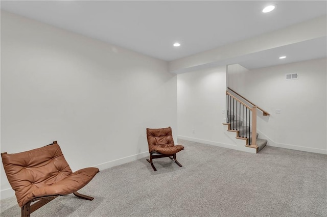 15171 W 173rd St, Olathe, KS 66062 - living area with stairway, carpet flooring, visible vents, and recessed lighting
