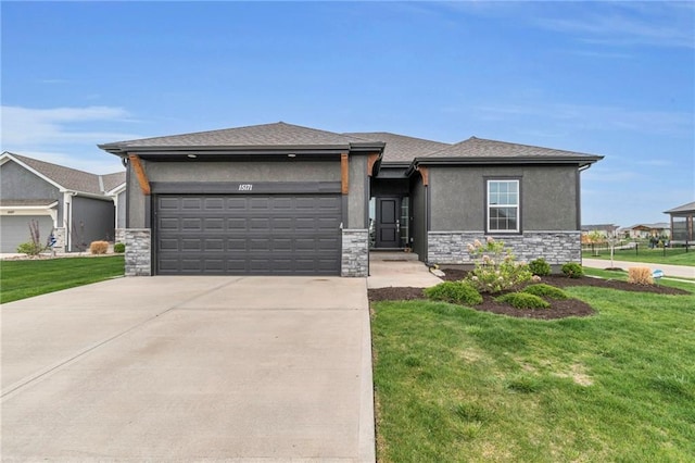 15171 W 173rd St, Olathe, KS 66062 - prairie-style home featuring a garage, driveway, stone siding, a front yard, and stucco siding