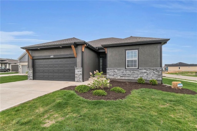 15171 W 173rd St, Olathe, KS 66062 - prairie-style home featuring an attached garage, driveway, a front yard, and stone siding