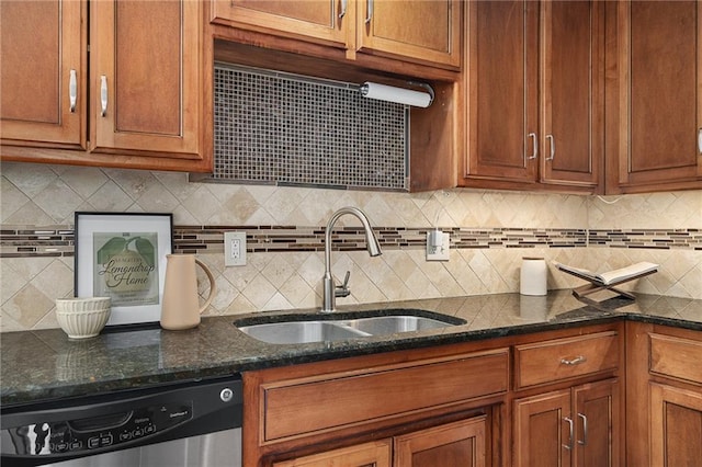 kitchen featuring dark stone countertops, sink, and dishwasher