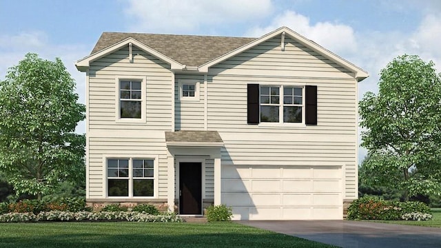 view of front of home with a garage and a front lawn