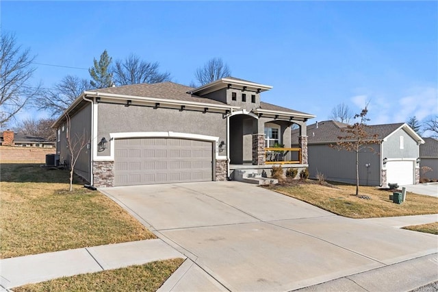 view of front facade with covered porch, a front yard, cooling unit, stone siding, and driveway