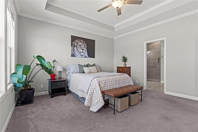 carpeted bedroom featuring a tray ceiling, multiple windows, and baseboards