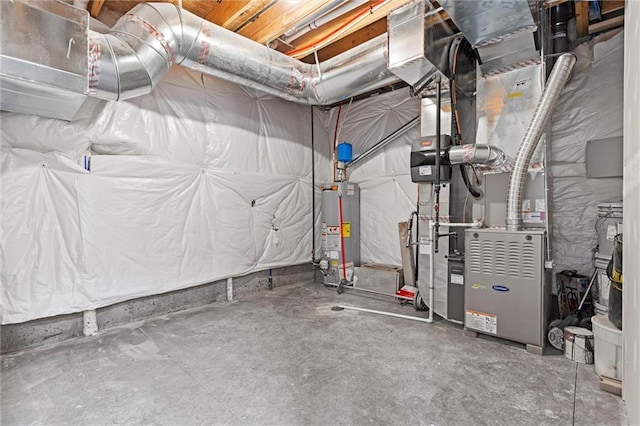 utility room with gas water heater and heating unit