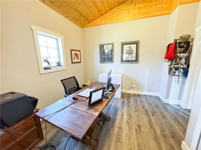 office space with wood ceiling, baseboards, vaulted ceiling, and wood finished floors