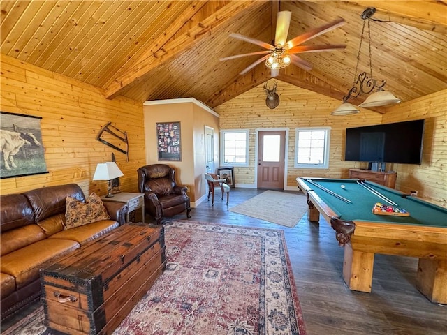 playroom featuring lofted ceiling with beams, wood walls, wooden ceiling, and wood finished floors