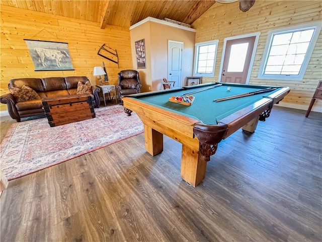 recreation room featuring wooden ceiling, wood walls, lofted ceiling with beams, and wood finished floors