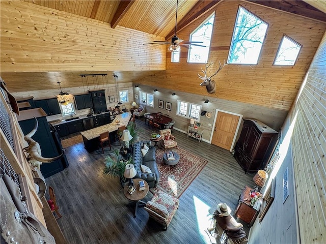 unfurnished living room featuring wood ceiling, high vaulted ceiling, dark wood-type flooring, and beam ceiling