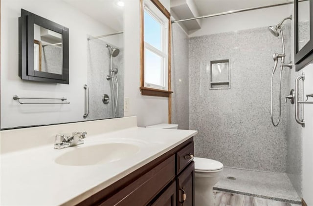 full bathroom featuring toilet, vanity, and walk in shower