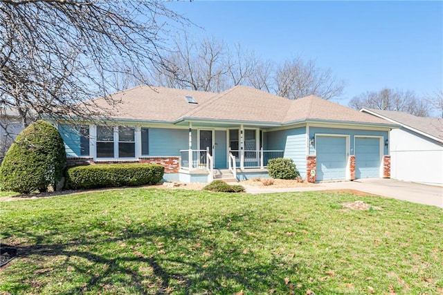 ranch-style home with a front yard, a porch, an attached garage, concrete driveway, and brick siding