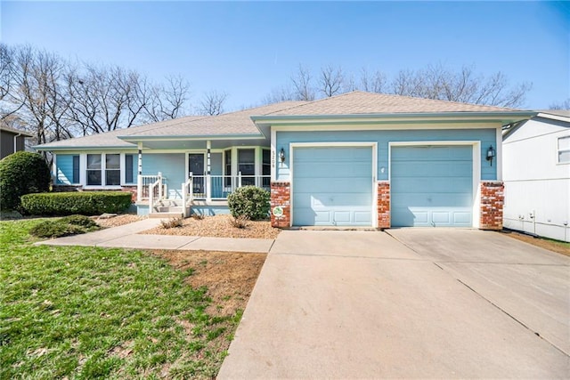 ranch-style home with driveway, an attached garage, covered porch, a front lawn, and brick siding