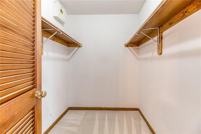 walk in closet with light carpet