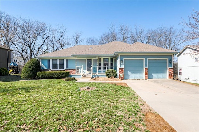 ranch-style home with driveway, covered porch, a front yard, an attached garage, and brick siding