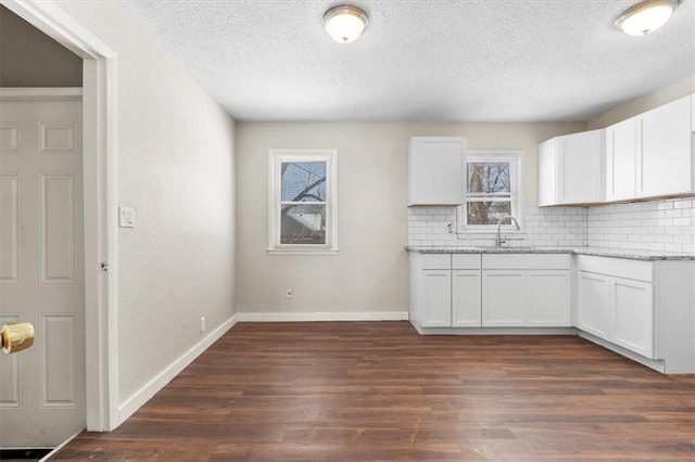 kitchen featuring white cabinetry, sink, dark wood-type flooring, and decorative backsplash