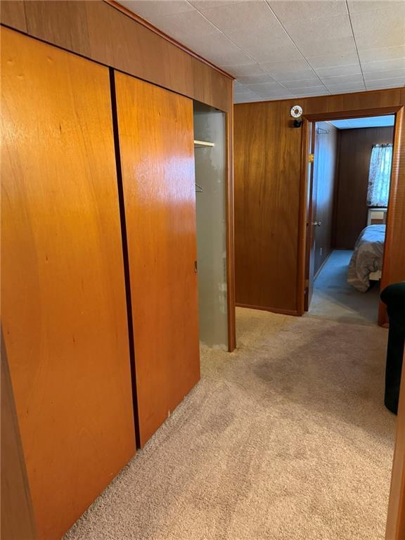 hallway featuring light colored carpet and wood walls