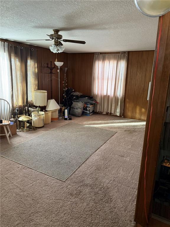 living room featuring carpet floors, a textured ceiling, and wooden walls