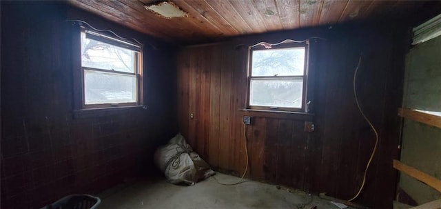 interior space featuring wood ceiling and wood walls