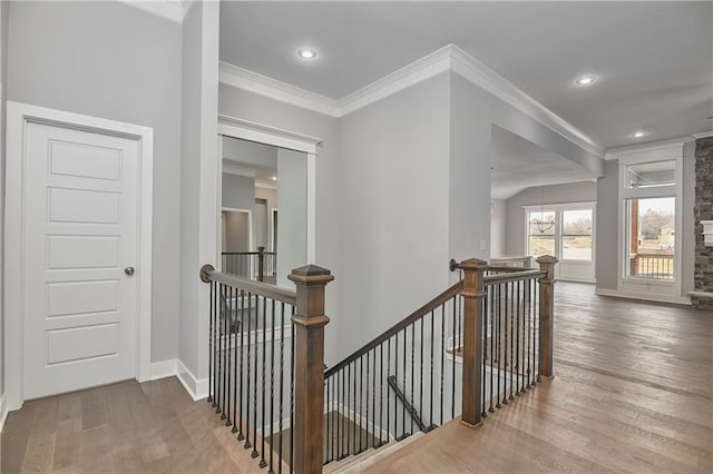 hallway featuring ornamental molding and hardwood / wood-style floors