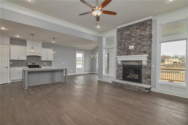 unfurnished living room with crown molding, a stone fireplace, dark wood-type flooring, and sink