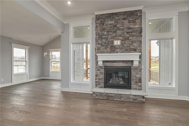 unfurnished living room featuring crown molding, a fireplace, lofted ceiling, and dark hardwood / wood-style flooring