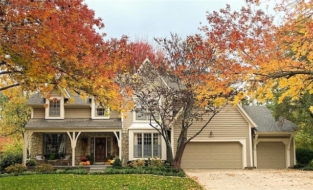 view of property hidden behind natural elements featuring concrete driveway, a front yard, covered porch, a garage, and stone siding