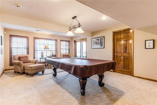 rec room featuring carpet flooring, recessed lighting, pool table, and baseboards