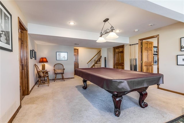 rec room featuring baseboards, light colored carpet, and pool table