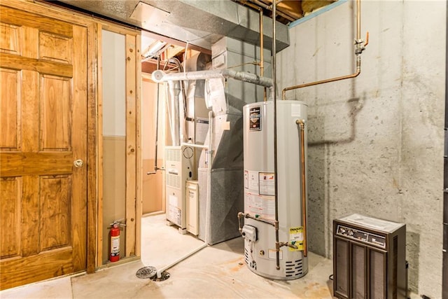 utility room with gas water heater and heating unit