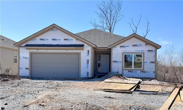 property in mid-construction featuring a garage, roof with shingles, and stucco siding