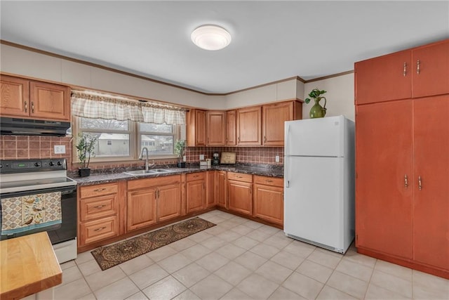 kitchen with tasteful backsplash, white appliances, a sink, and under cabinet range hood