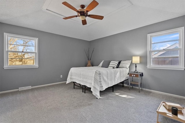 bedroom with visible vents, carpet flooring, attic access, and baseboards